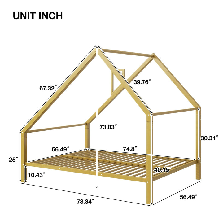 Full Metal House Platform Bed with Roof and Chimney Frame Under-Bed
