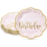 Pink Happy Birthday Party Plates With Gold Glitter Edges (9 In 48 Pack) Solid Casual Round Wood