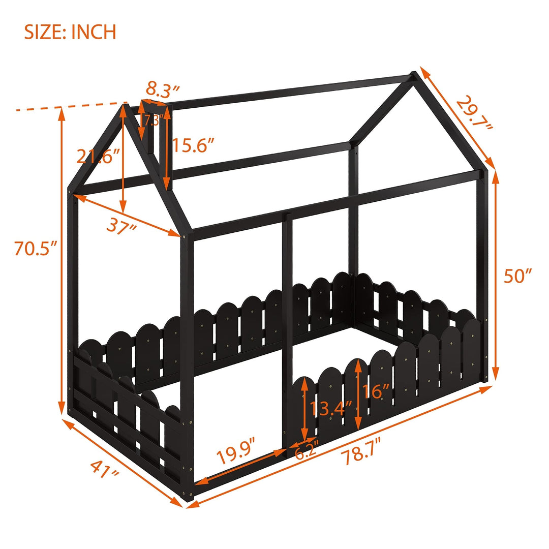 Twin Size Wood Bed House Frame with Fence for Kids Teens Girls Boys