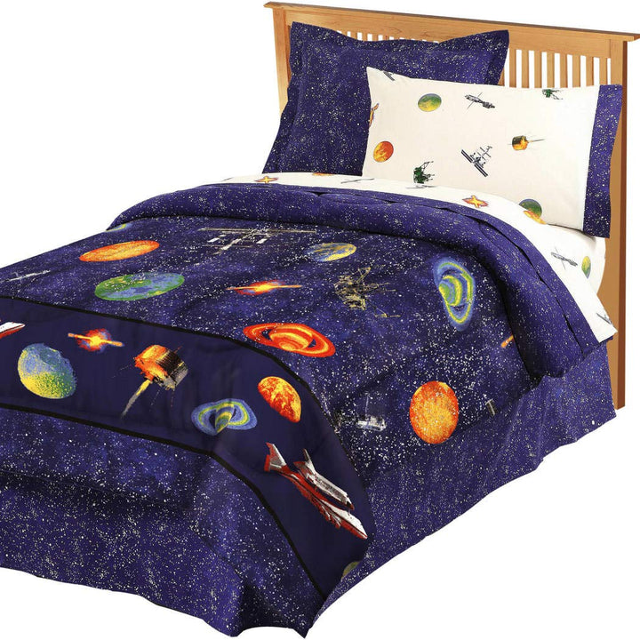 Navy Blue Outer Space Themed Comforter Set Twin With Sheets, Blue Orange Brown Orbiting Planets Stars Twinkling Satellites Rockets Comets Teen Themed Plush Cozy Soft Kids Bedding For Bedroom