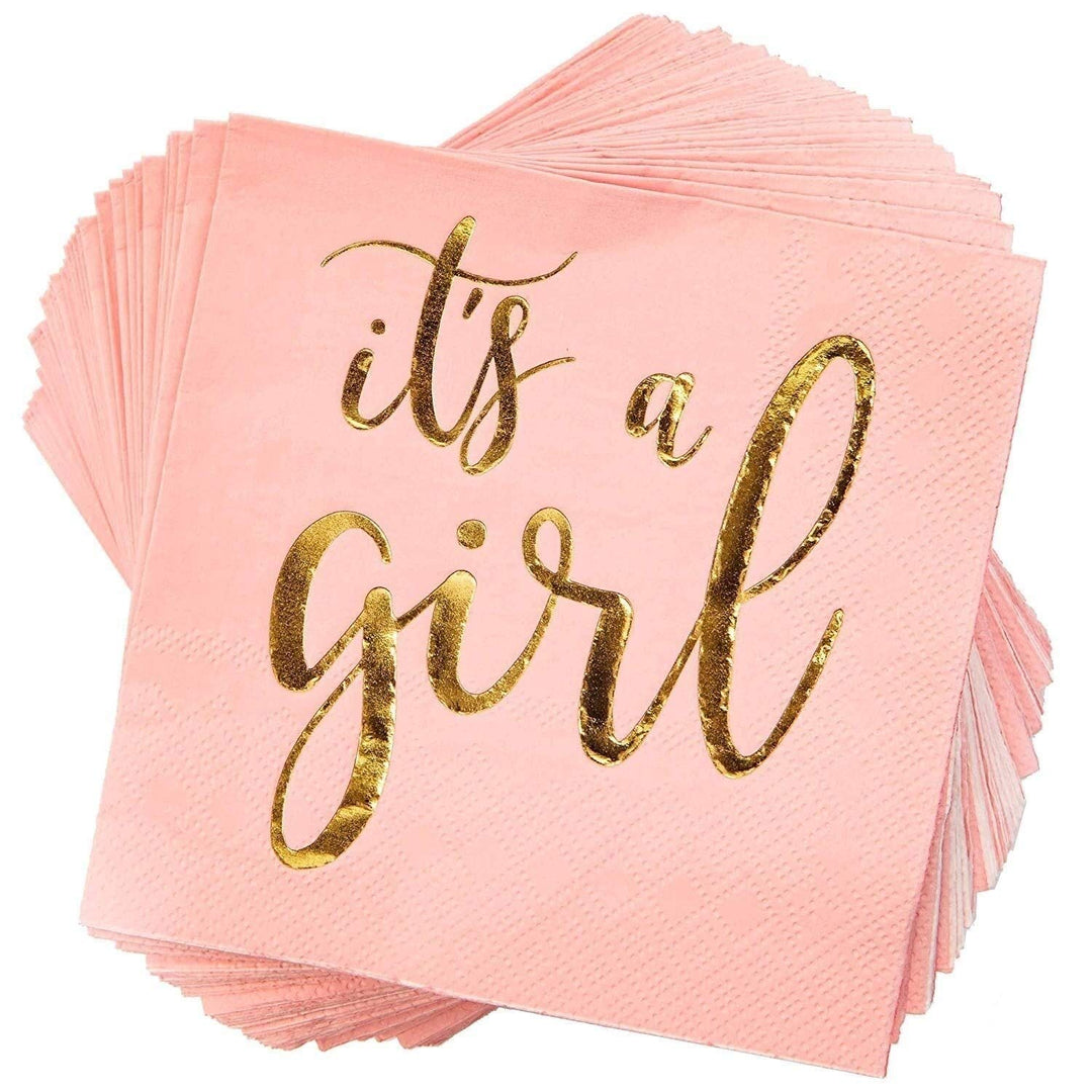 50x It's A Girl Pink Gold Baby Shower Disposable Beverage Party Napkins 5x5 Square Synthetic Fiber