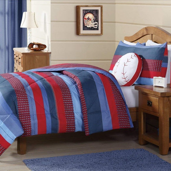 Kids Boys Navy Blue Red Stripes Comforter Twin Set, Horizontal Rugby Striped Bedding Sports Themed Team Colors, Nautical Teen Solid Colorful Pattern Checked Polyester Dorm College