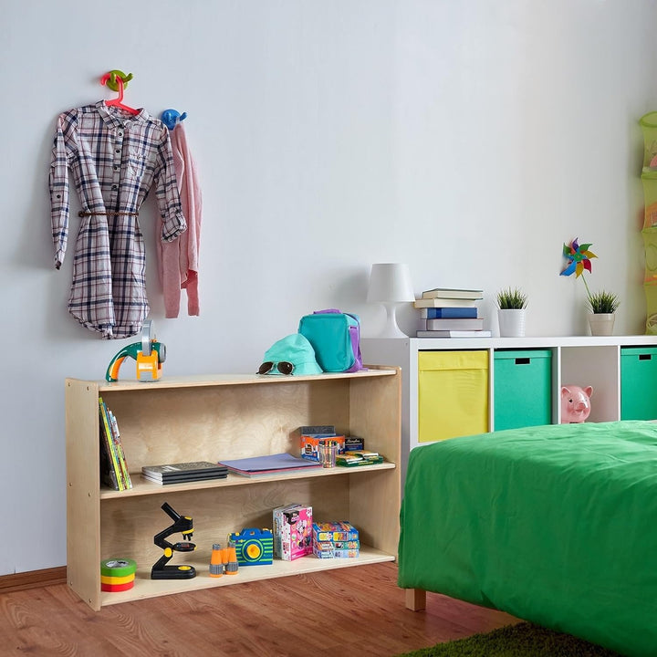 2 Shelf Horizontal Bookcase with Wheels Wooden Bookshelf Organizer