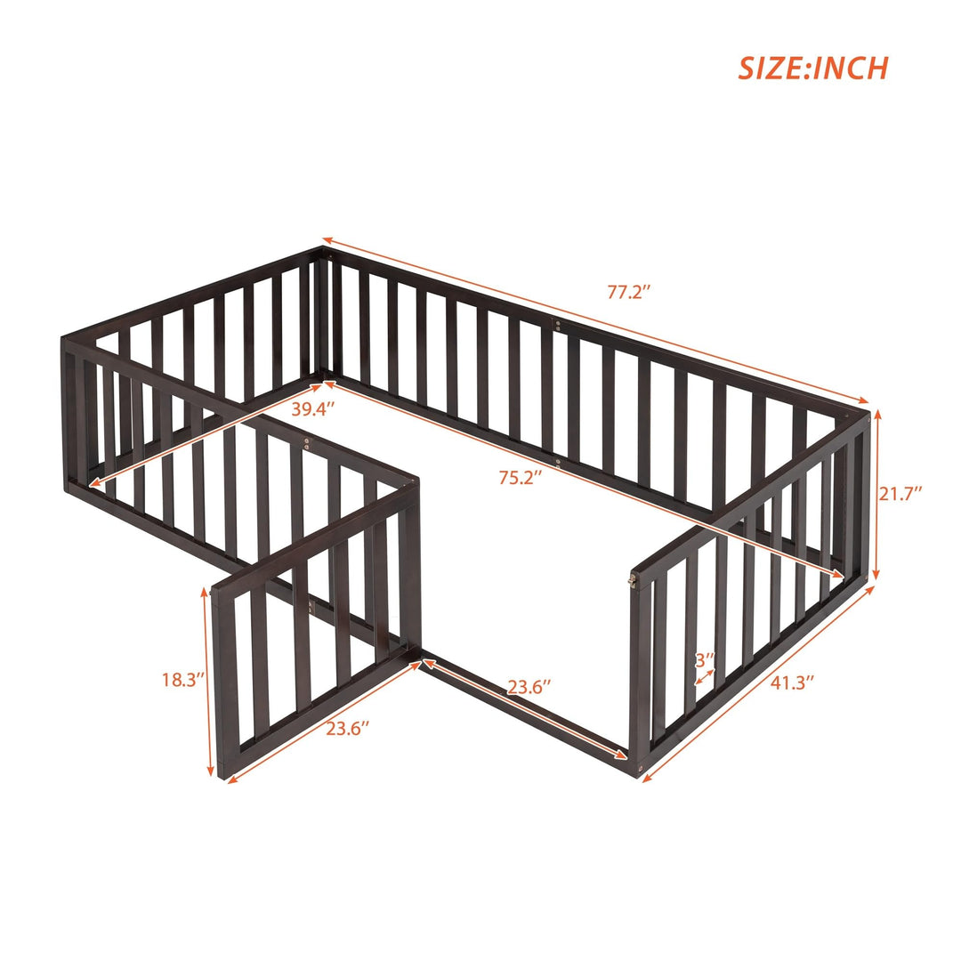 Elegant Design Twin Size House Bed Kids with Fence and Door Brown