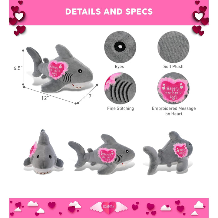 Soft Plush Shark with Pink Heart Message 12 Inches Grey