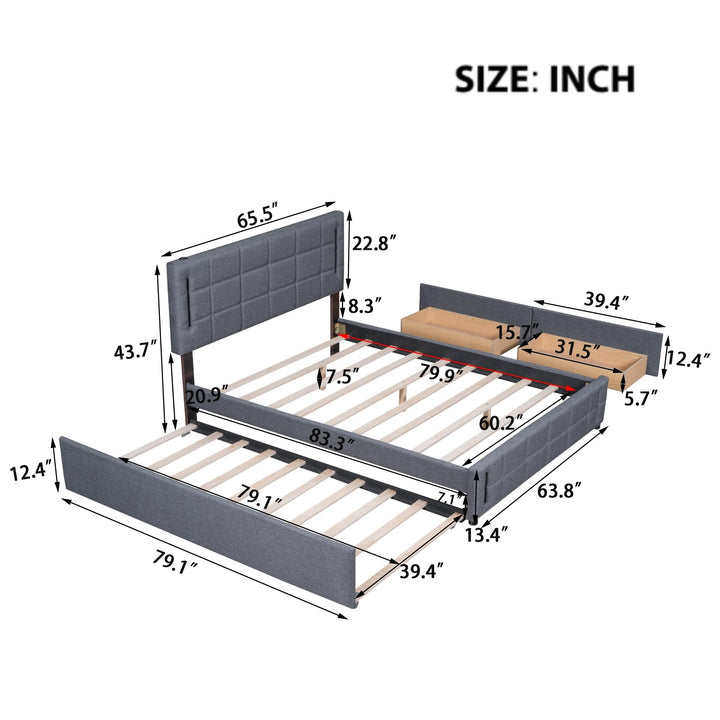 Queen Size Upholstered Platform Bed with Trundle 2 Drawers for Kids