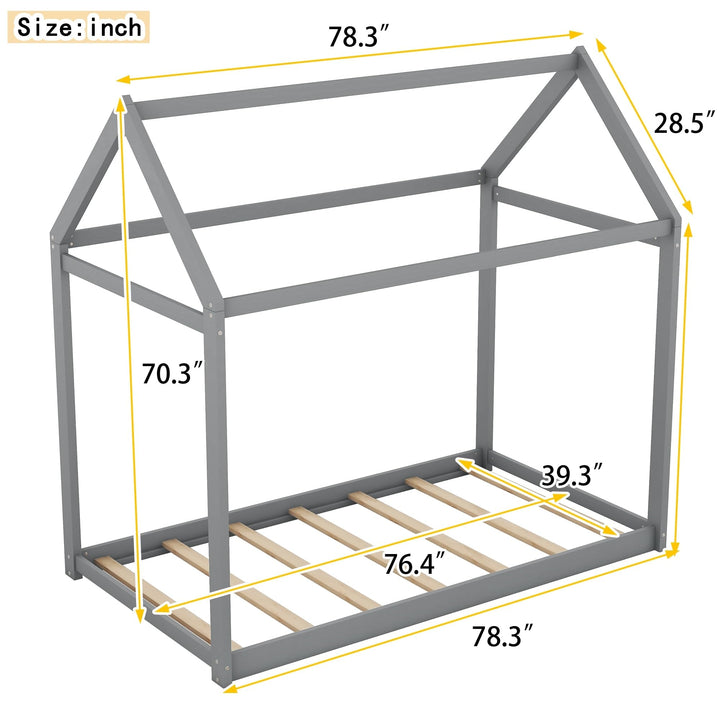 Twin Size House Floor Bed for Kids Wooden Frame W/roof Grey Modern