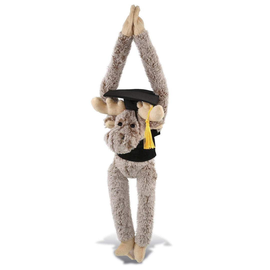 Long Arms Moose Graduation Plush Toy with Gown and Cap 21 Inches Black Brown Polyester