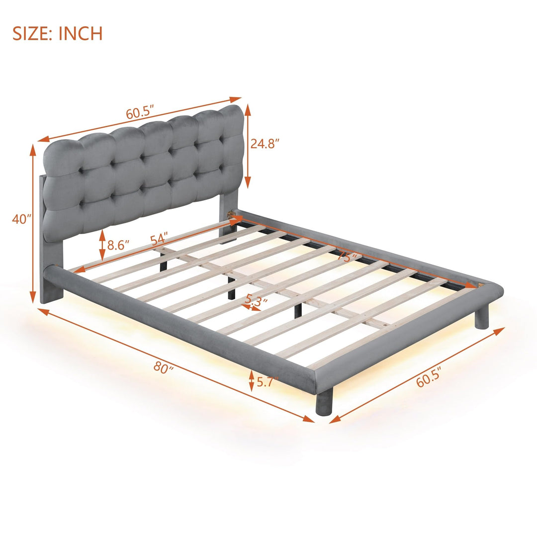 Full Velvet Platform Bed with Led Frame Button-Tufted Design Headboard