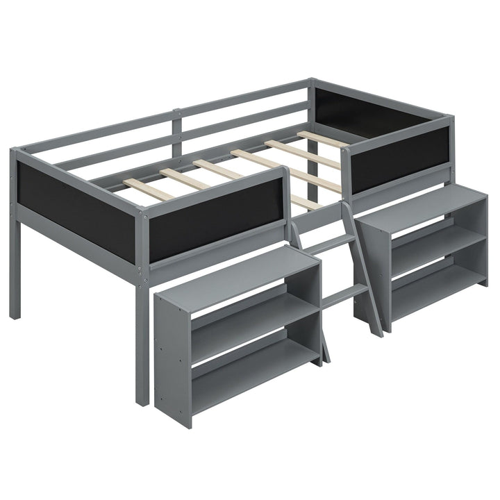 Twin Size Kids Low Loft Bed with 2 Movable Storage Shelves Wood