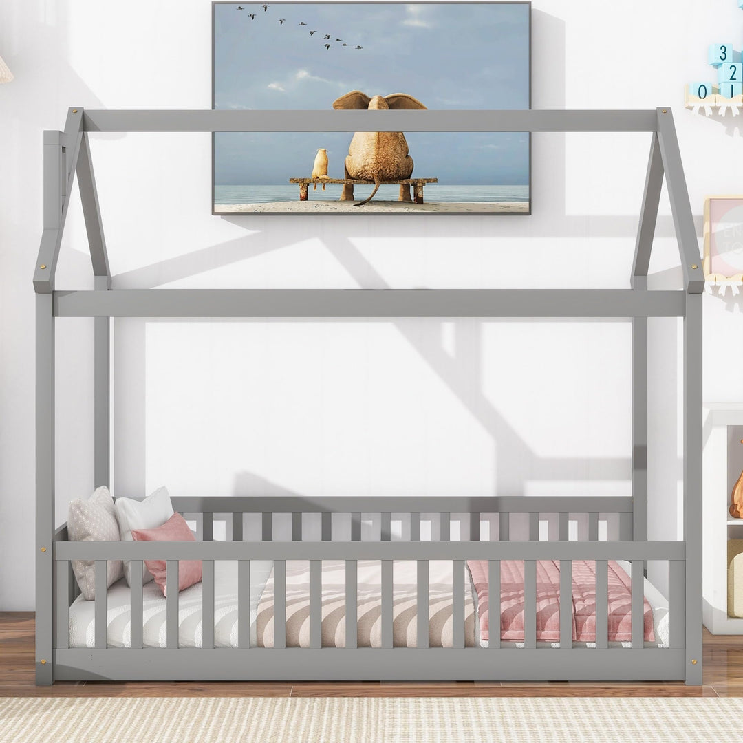 Modern Twin Size Pine Wood House Bed Frame with Guardrails Slats for