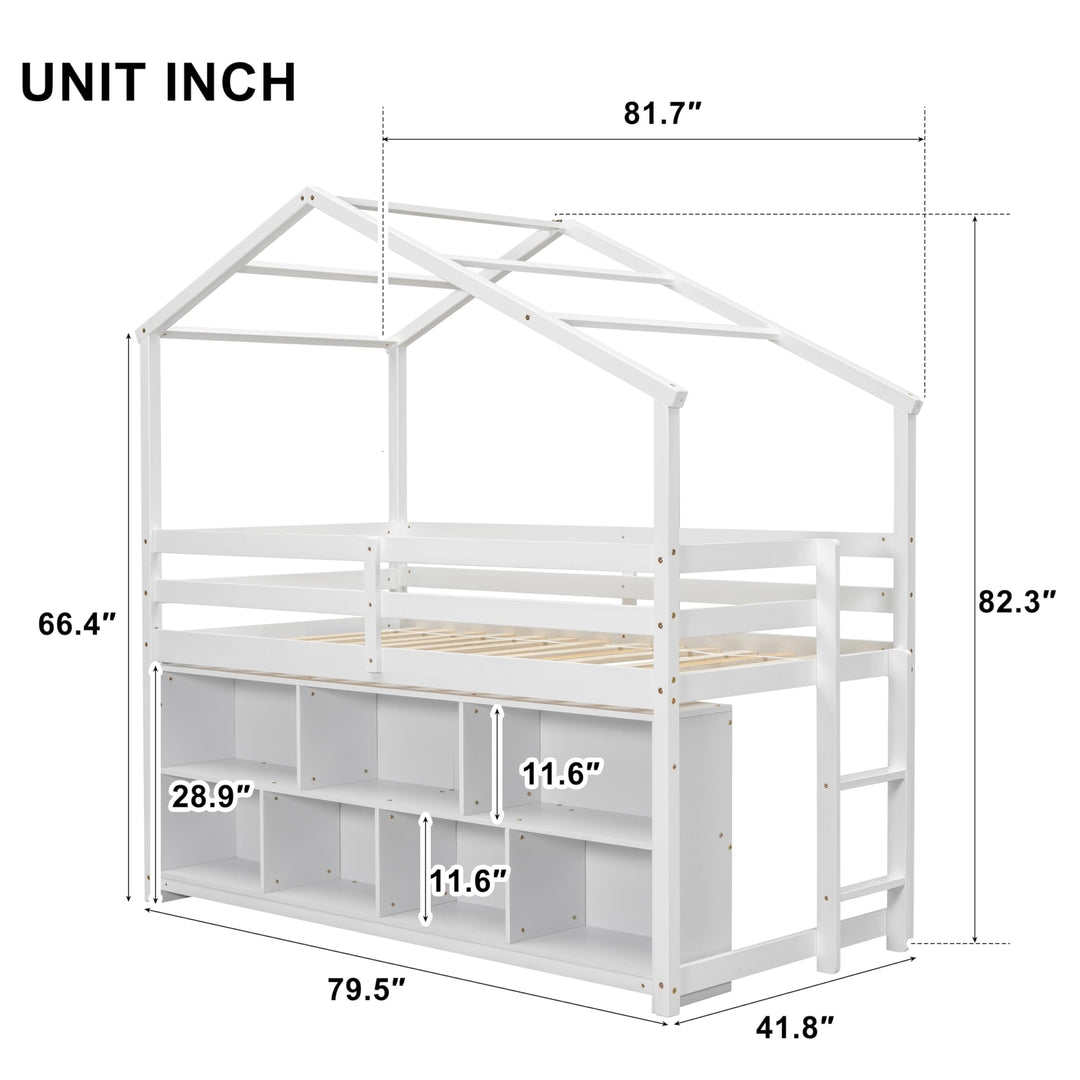 Twin Size Pine Wood House-Shaped Loft Bed with Roof Frame Kids Storage