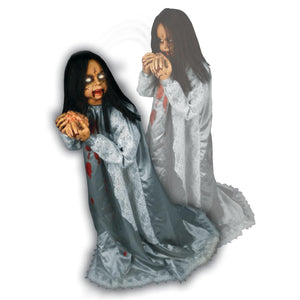 Haunted Hill Farm Rosemary by Tekky, Battery-Operated, Motion and Sound Activated Animatronic Demon Child with Sound Effects and Lights for Indoor or Covered Outdoor Creepy Halloween Decoration