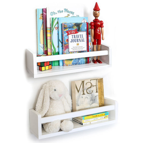 Wood Wall Shelves for Book and Toy Storage (Set of 2) White Country Modern Contemporary Pine Matte Includes Hardware