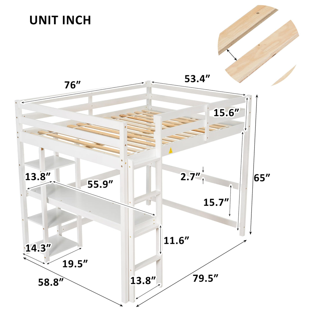 Full Loft Bed Pine Kids with Desk Shelves and Ladder White Modern