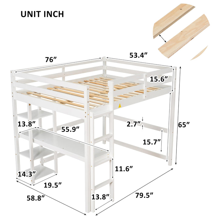 Full Loft Bed Pine Kids with Desk Shelves and Ladder White Modern