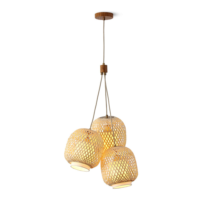 VidaLite F- Modern Bohemian 3-Light Cluster Pendant in Brushed Brass with Woven Bamboo Spherical Shades, 78 in. Cord for Dining Table, Kitchen, Coffee Table, Nursery, Bedroom, Living Room