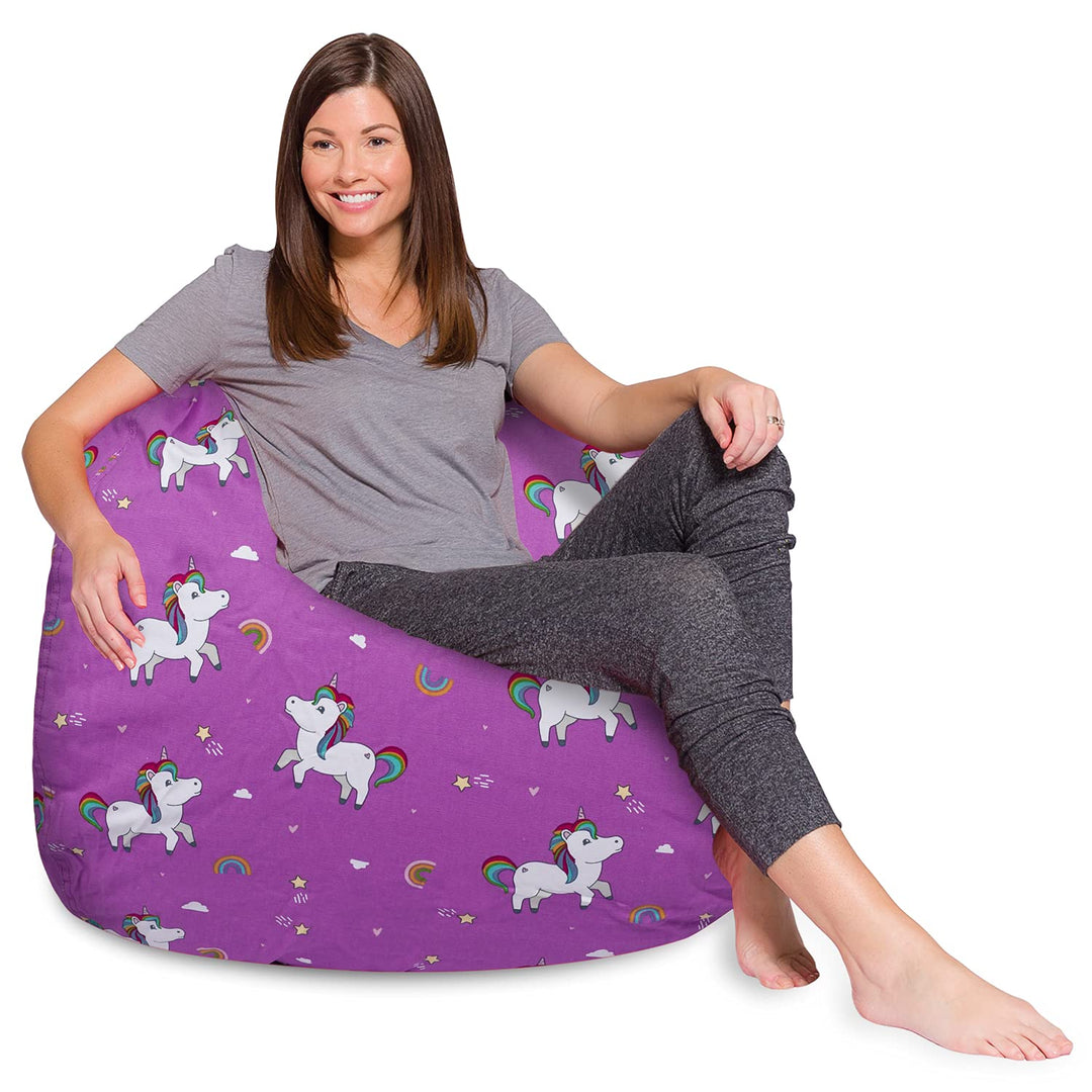 Posh Beanbags Bean Bag Chair, X-Large Machine Washable - Canvas Unicorn and Rainbows on Purple