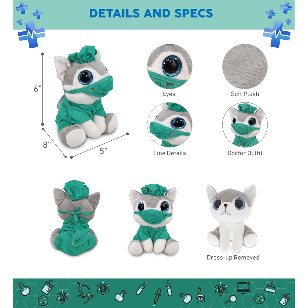 Small Wolf Sparkle Eyes Doctor Plush W/Scrub Uniform and Cap 8