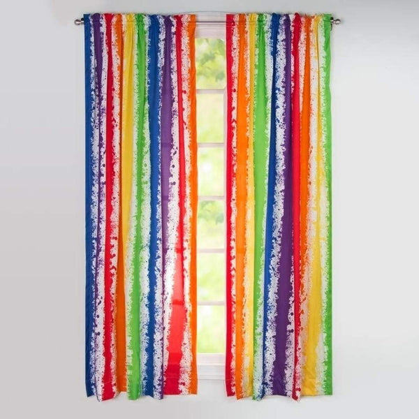 Multi Brainwaves Rainbow Stripe Window Curtain, 84 Inches Blue Yellow Green Tie-dye Cabana Vertical Stripe Single Panel Kids Teen, Semi Sheer Window Treatment Drape Rod Pocket, Microfiber