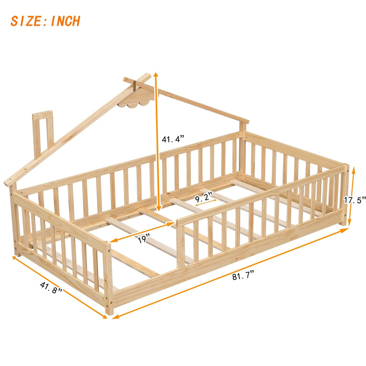 Twin Pine Wood House-Shaped Bedside Floor Bed with Guardrails Kids