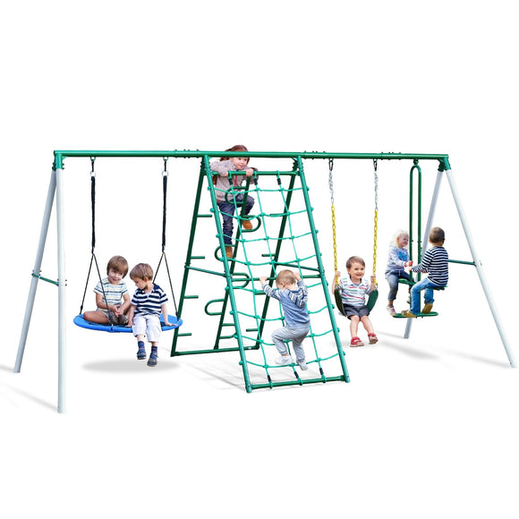 Swing Sets for Backyard with Saucer Swinggliderclimbing Ropeclimbing Ladder Green Metal Swings