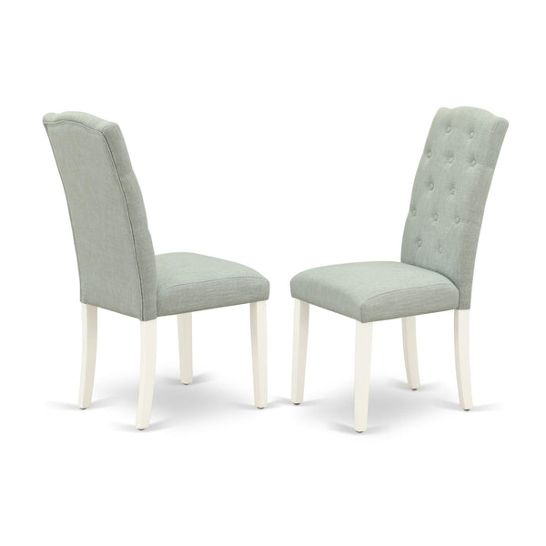 East West Furniture CEP2T15 Celina Parson Chairs - Button Tufted Baby Blue Linen Fabric Upholstered Dining Chairs, Set of 2, Linen White