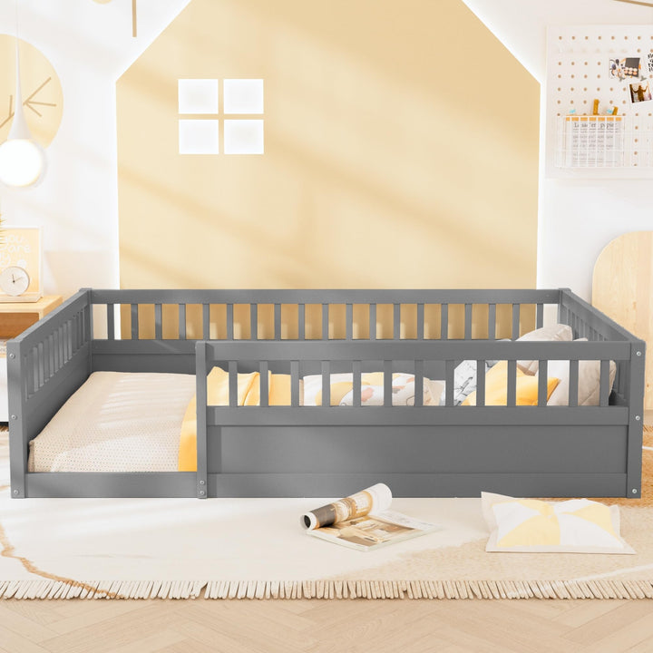 Full Size Wood Kids Floor Beds Frame with Fence and High Guardrails Grey Modern Contemporary