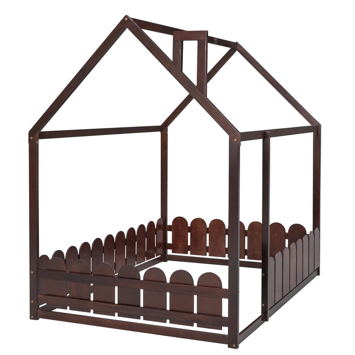 Full Size Wood Bed House Frame with Fence for Kids Teens Girls Boys