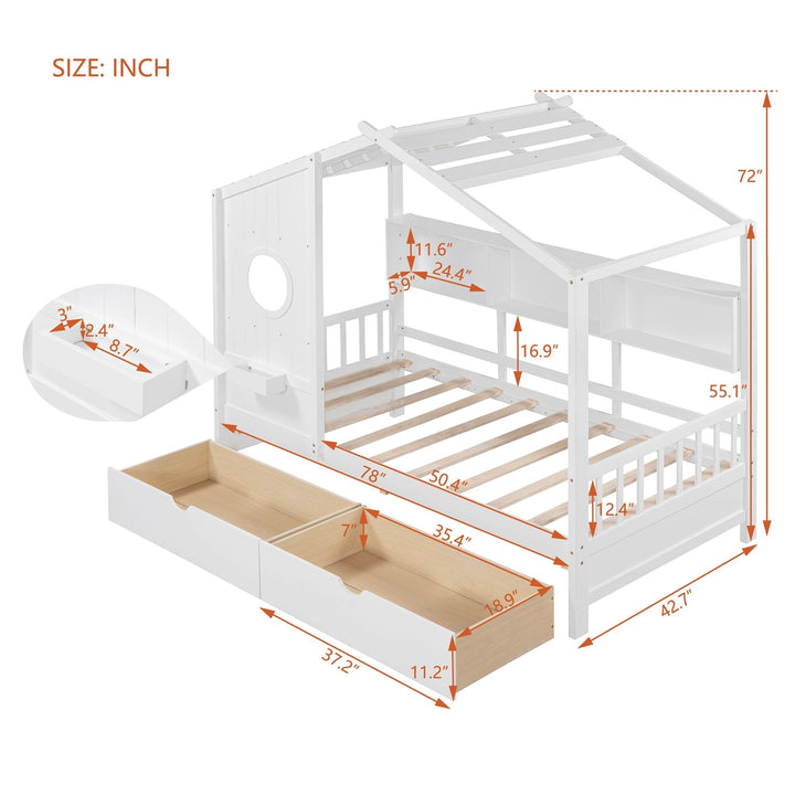 Modern Twin Size House Bed Kids with 2 Drawers and Storage Shelf Solid