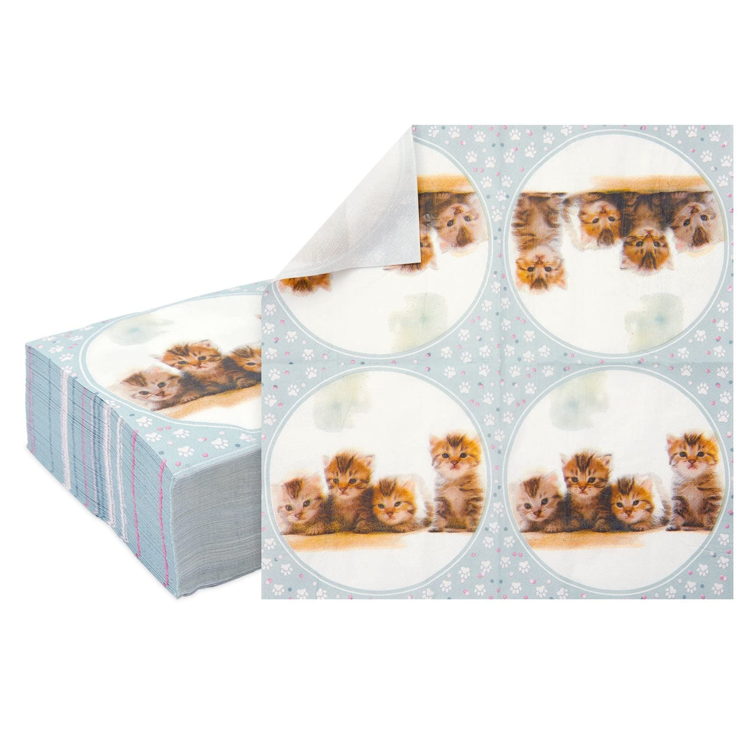 Kitten Paper Napkins for Kitty Cat Birthday Party Supplies (6.5x6.5 in Pack) Blue Animal Square Bamboo