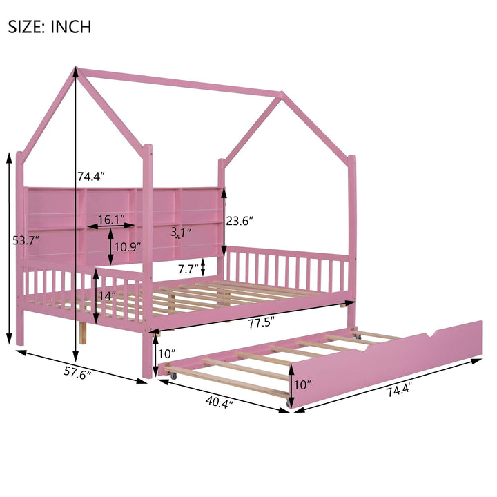 Full Size Wooden House Bed Kids with Trundle and Shelf Pink Modern