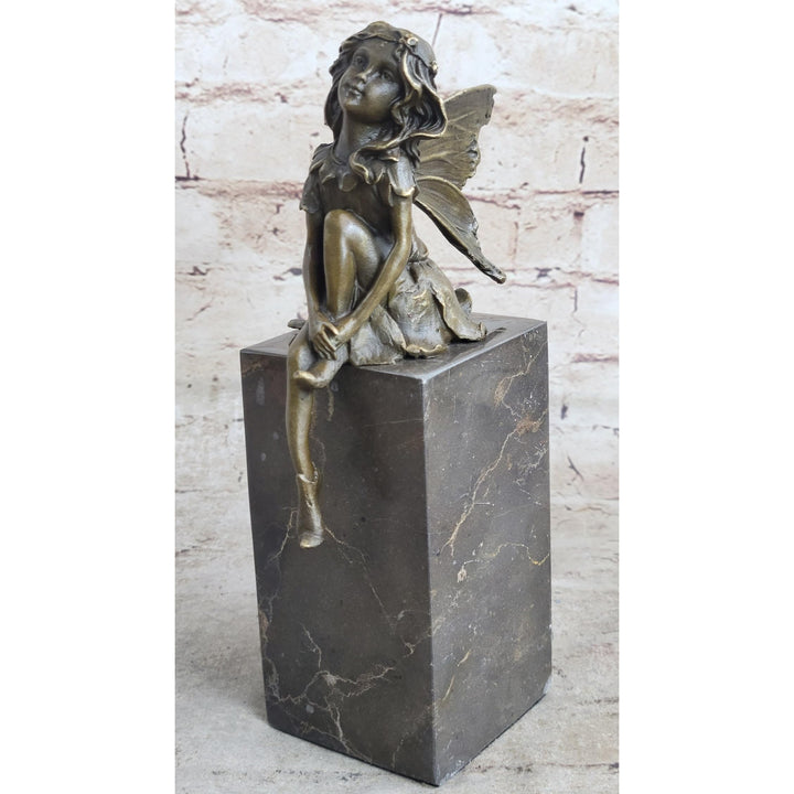 Child Winged Fairy Angel Bronze Sculpture Statue Figure On Marble Base Brown Finish Handmade