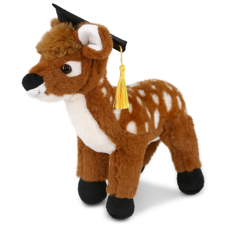 Large Standing Deer Graduation Plush Toy with Gown and Cap 12.5 Inches Black Brown White Polyester