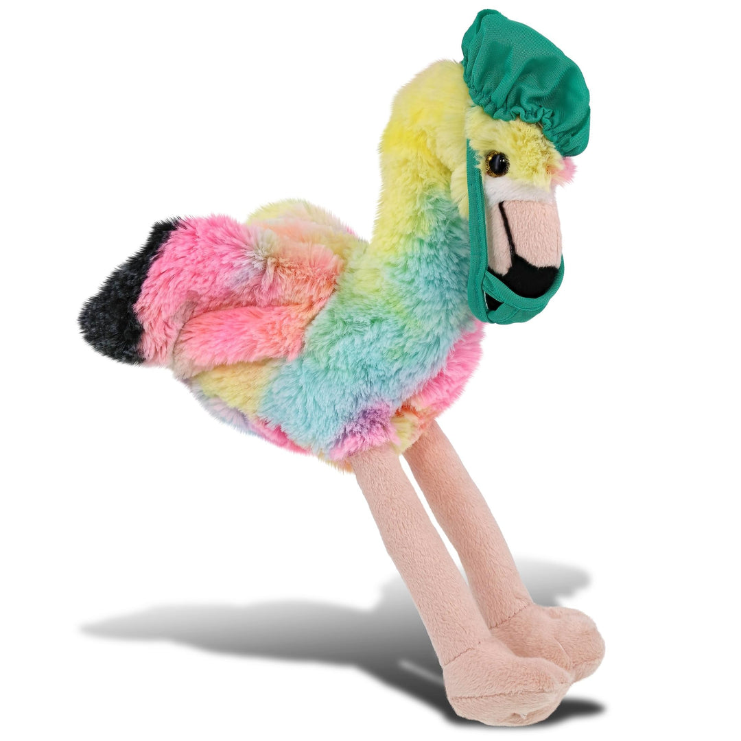 Rainbow Flamingo Doctor Plush Toy with Scrub Uniform and Cap 8 Inches Multi Color Polyester