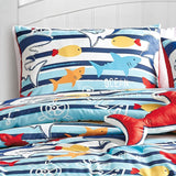 Blue Sharks Fish Sea Life Kids Comforter Set Embroidery Soft Bedding