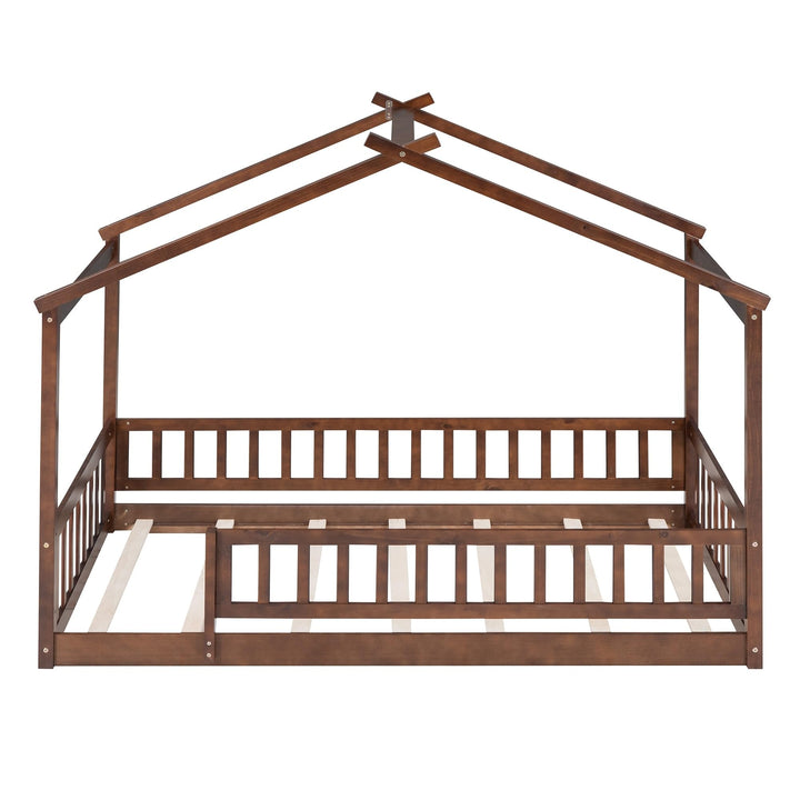 Twin Size Wood Bed House Frame with Fence for Kids Teens Girls Boys