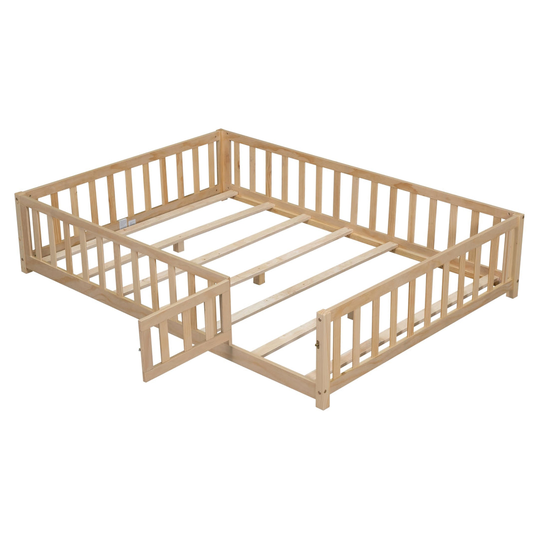 Full Size Floor Platform Bed with Fence and Door for Kids Frame