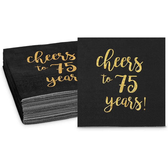 75 Birthday Party Cocktail Napkins Cheers To Years (5 X 5 In 50 Pack) Black Square Bamboo