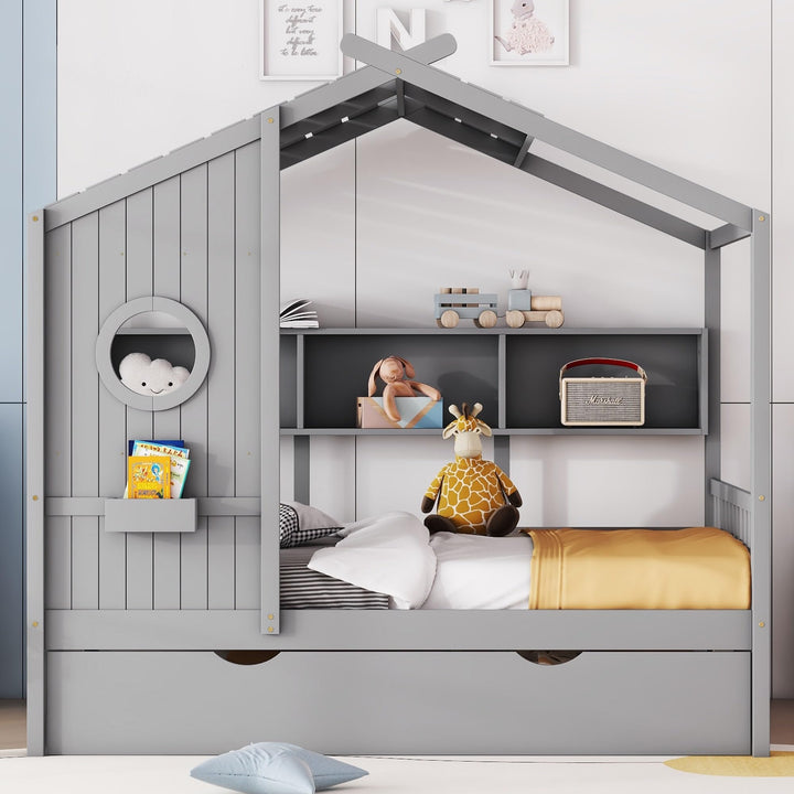 Full Size Wooden House Bed with Trundle and Storage for Kids Grey