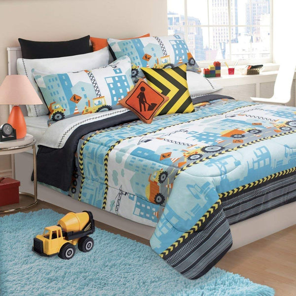 Kids Grey Orange Blue Construction Zone Themed Comforter Twin Set, Boys Caution Building Site Bedding, Yellow Black Yeild Sign Dump Truck Crane Bull Dozer Pattern