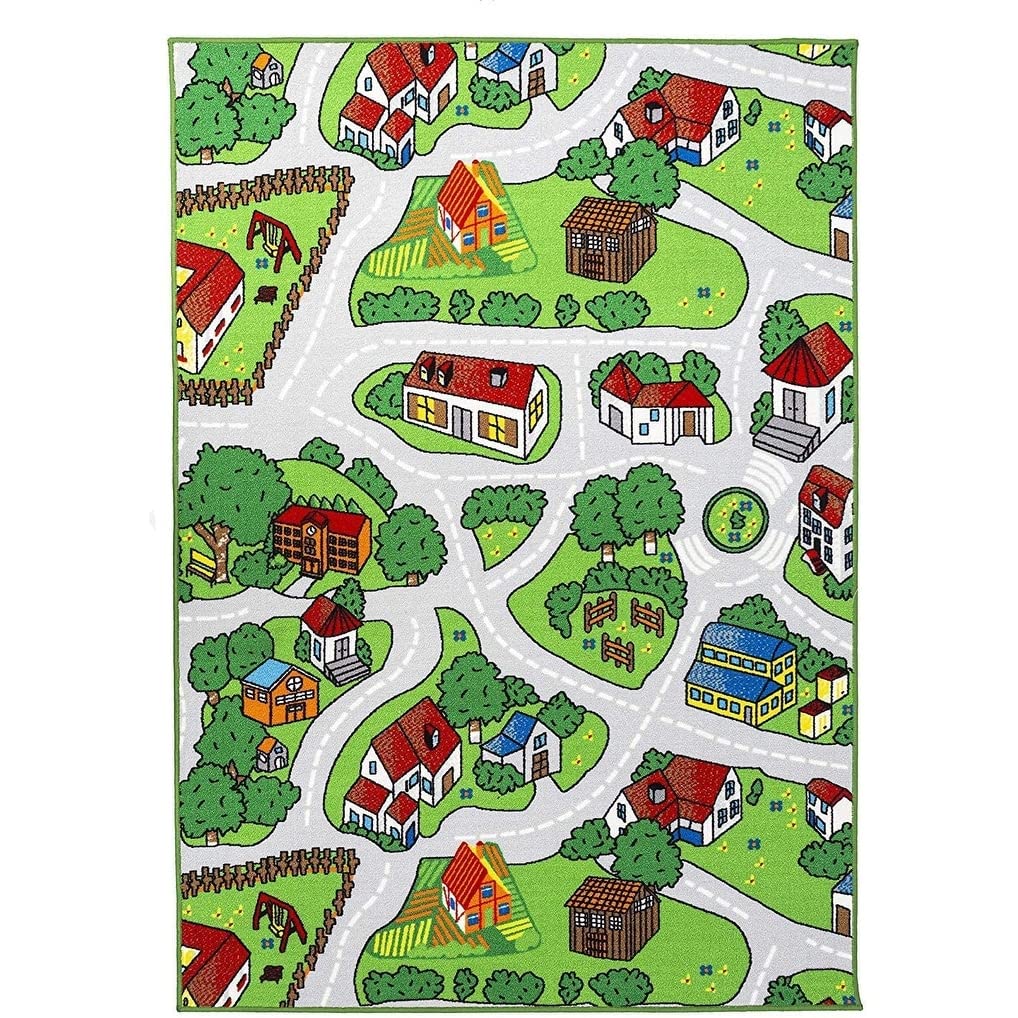 Green Grey Roads Kids Fun Play Mat Reversible Area Rug 31" X 58" X Tween Rectangle Polyester Latex Free Pet Friendly