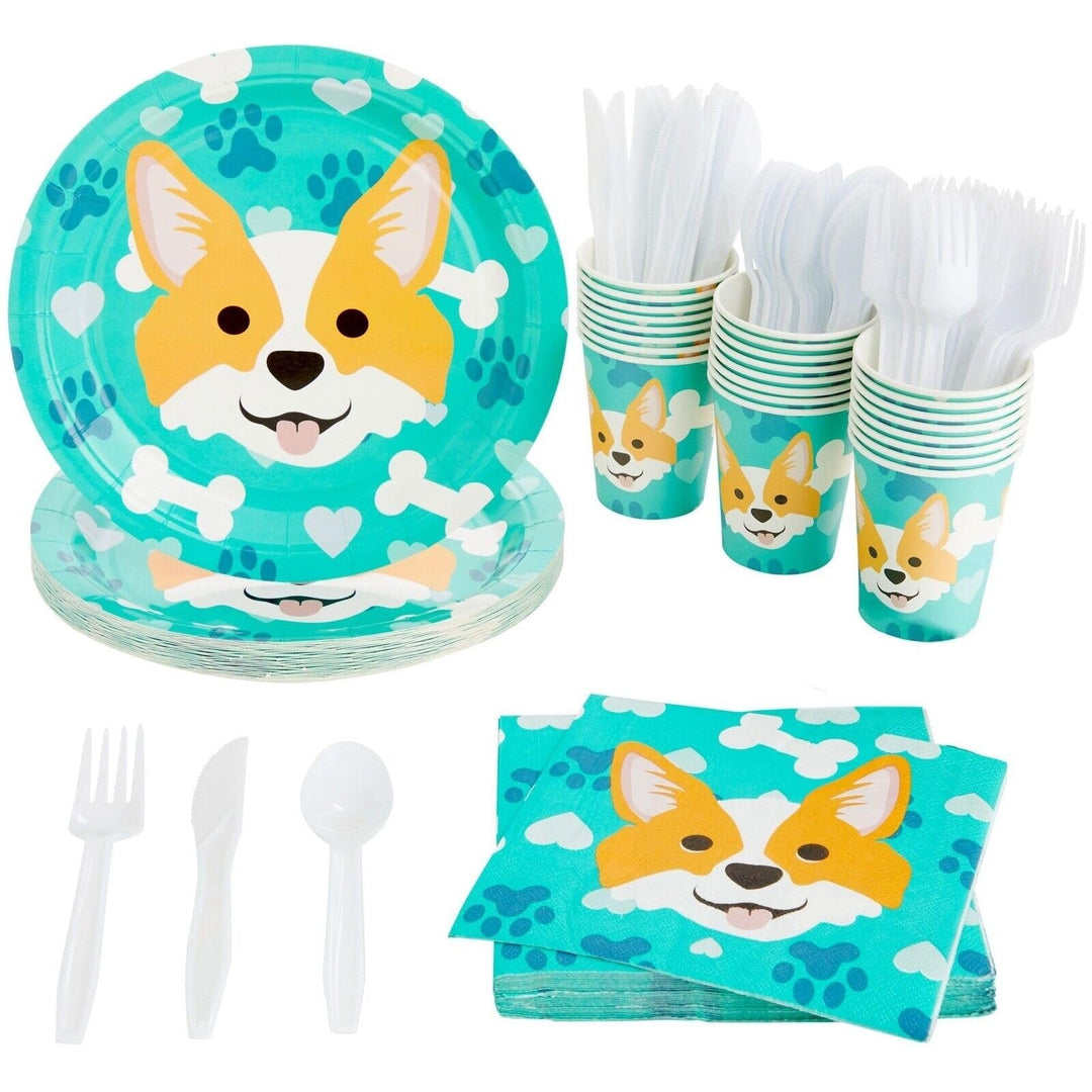 24-Pack Dog Birthday Party Supplies with Corgi Paw Puppy Design Multi Color Plastic