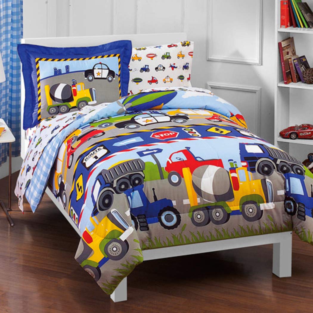 Multi Color Transportation Themed Comforter Set With Sheets Twin, Cars Trucks Airplanes Zeppelins Red Yellow Green Blue Vehicles Printed, Reversible White Multi Printed Kids Bedding, Polyester