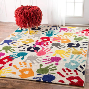 5' x 8' Kids Green Blue Hand Print Pattern Area Rug Rectangle, Indoor Orange Green Red Handprint Themed Carpet Grey Yellow Contemporary Collage Themed Kid Bedroom Nursery Living Room, Polypropylene