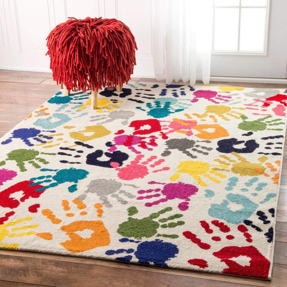 5' x 8' Kids Green Blue Hand Print Pattern Area Rug Rectangle, Indoor Orange Green Red Handprint Themed Carpet Grey Yellow Contemporary Collage Themed Kid Bedroom Nursery Living Room, Polypropylene