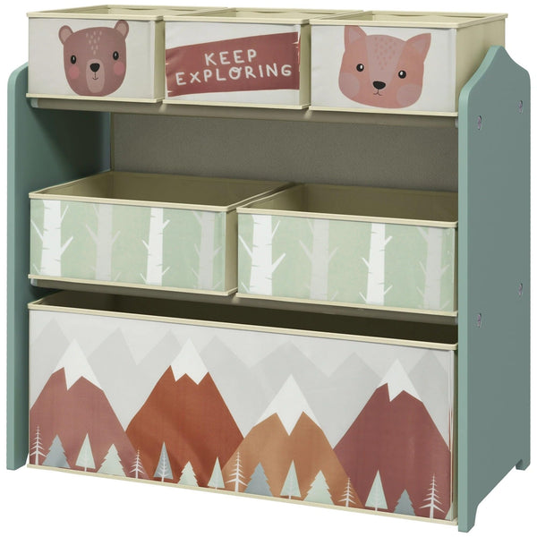 Toy Organizer with 6 Storage Bins 25" X 12" 26" Green Modern Contemporary Animals MDF Steel