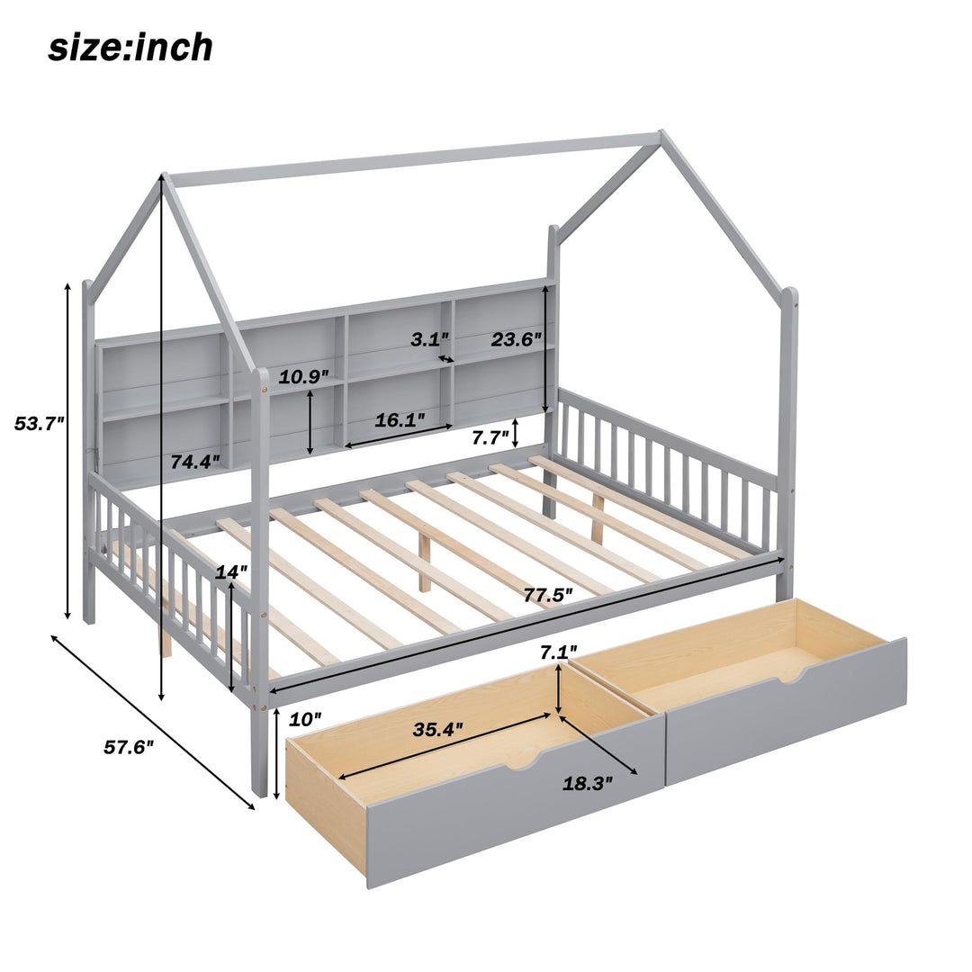 Modern Full Size House Bed Kids with 2 Drawers and Storage Shelf Solid