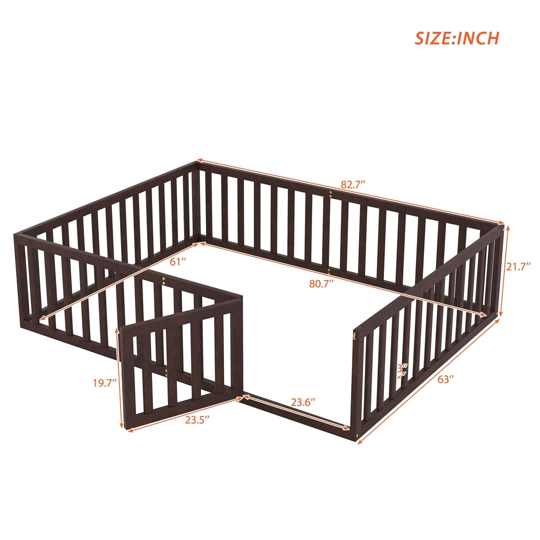 Elegant Design Queen Size House Bed Kids with Fence and Door Brown