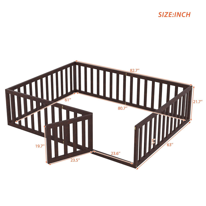 Elegant Design Queen Size House Bed Kids with Fence and Door Brown